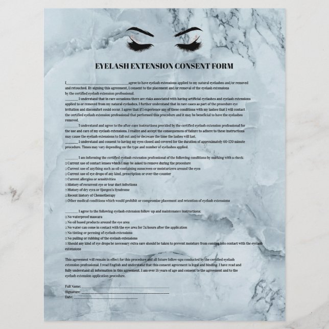 Glamourous marbled EYELASH EXTENSION CONSENT FORM Flyer (Front)