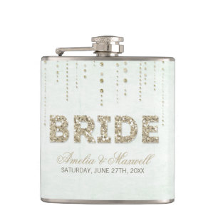 Glamourous Mint Green & Gold Glitter BRIDE Hip Flask