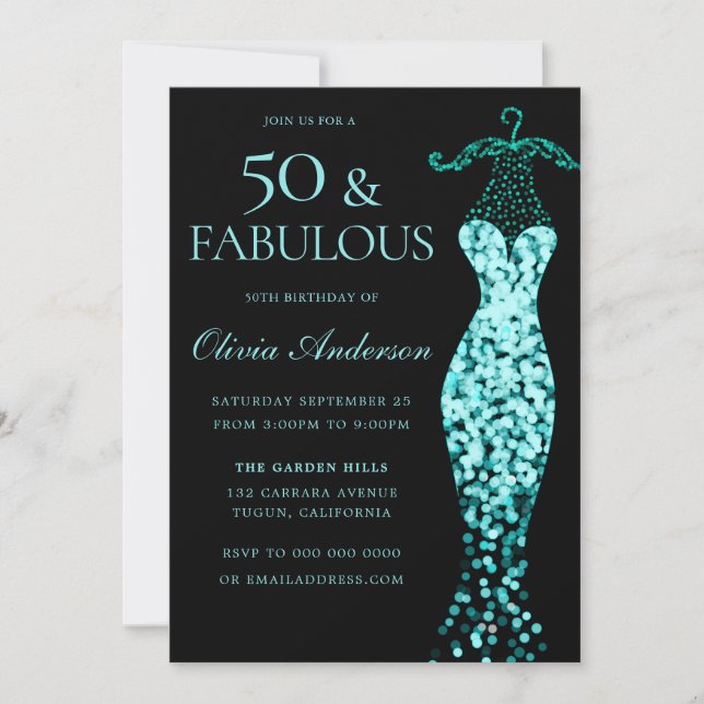 Glamourous Mint Teal Dress Fabulous 50th Birthday Invitation (Front)