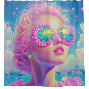 Glamourous Neon Woman with Sparkling Glasses
