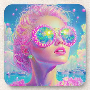Glamourous Neon Woman with Sparkling Glasses Coaster