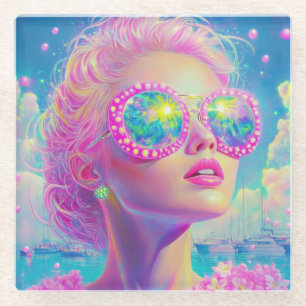 Glamourous Neon Woman with Sparkling Glasses Glass Coaster