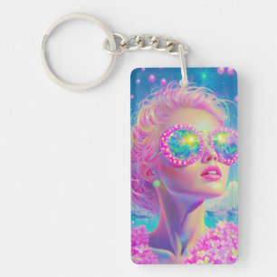 Glamourous Neon Woman with Sparkling Glasses Keychain