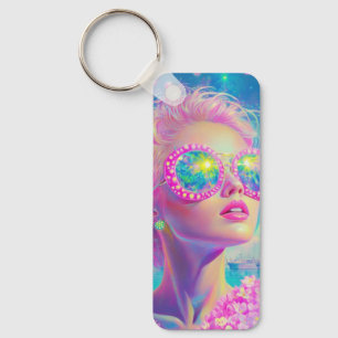Glamourous Neon Woman with Sparkling Glasses Keychain