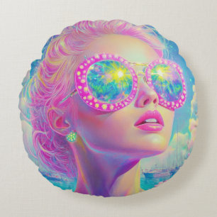 Glamourous Neon Woman with Sparkling Glasses Round Pillow
