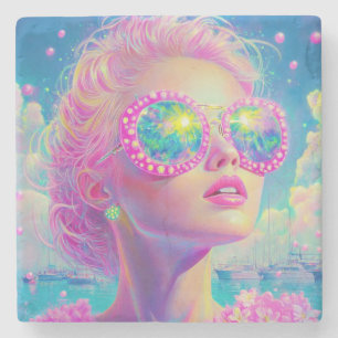 Glamourous Neon Woman with Sparkling Glasses Stone Coaster