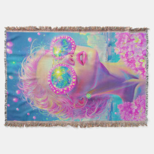 Glamourous Neon Woman with Sparkling Glasses Throw Blanket