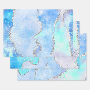 Glamourous Pastel Blue & Silver Glitter Agate Wrapping Paper Sheet