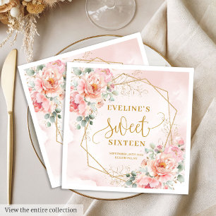 Glamourous Pastel Pink Gold Floral Sweet 16 Napkin