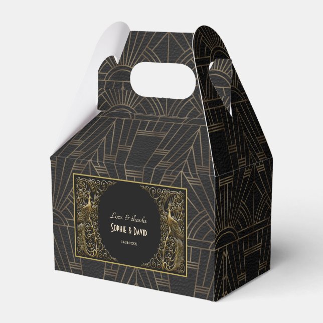 Glamourous Peacock Gold Black Art Deco Wedding Favor Box (Front Side)