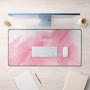 Glamourous Pink and Gold Swirls Personalized Desk Mat
