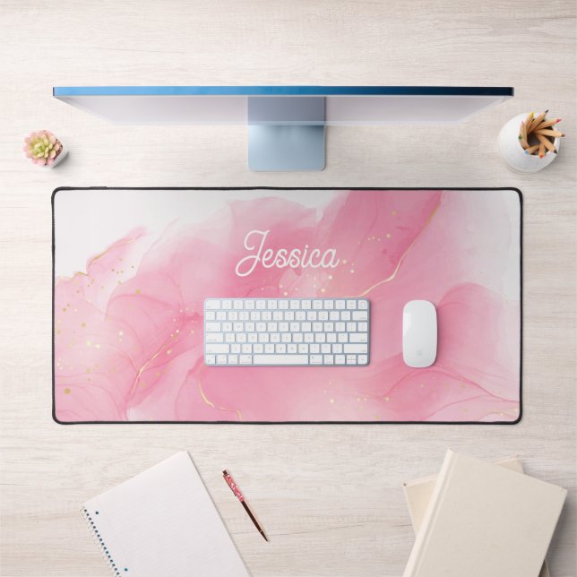 Glamourous Pink and Gold Swirls Personalized Desk Mat (Office 1)