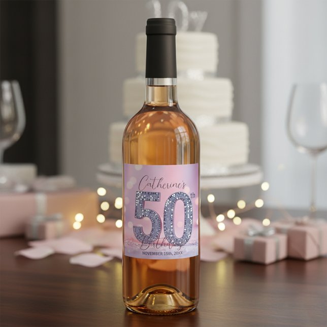 Glamourous Pink Bokeh Silver Sequins 50th Birthday Wine Label (Creator Uploaded)
