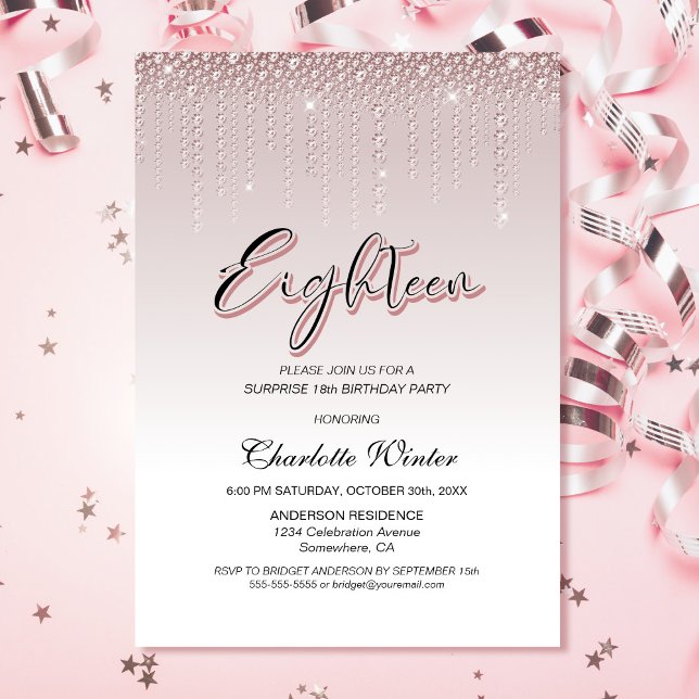 Glamourous Pink Diamonds Surprise 18th Birthday Invitation (Creator Uploaded)