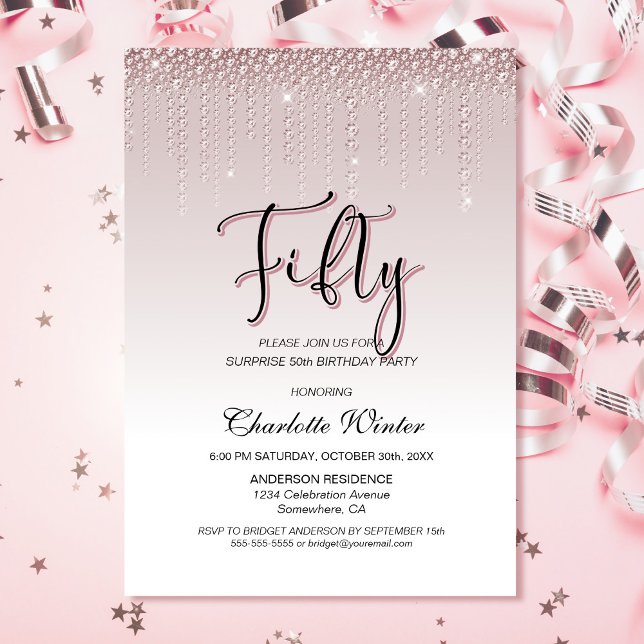 Glamourous Pink Diamonds Surprise 50th Birthday Invitation (Creator Uploaded)