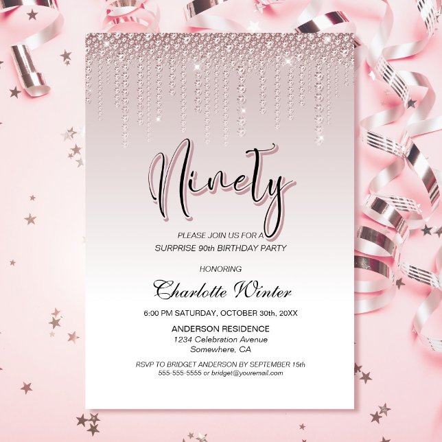 Glamourous Pink Diamonds Surprise 90th Birthday Invitation (Creator Uploaded)