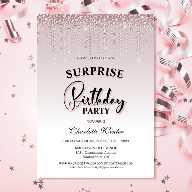 Glamourous Pink Diamonds Surprise Birthday Party Invitation (Creator Uploaded)