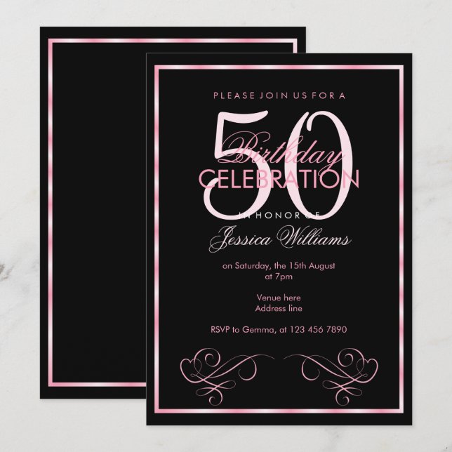 Glamourous Pink Frame Women's 50th Birthday Invitation (Front/Back)
