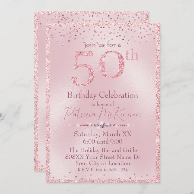 Glamourous Pink Glitter 50th Birthday Invitation (Front/Back)