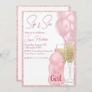 Glamourous Pink Glitter Baby Girl Sip and See Invitation