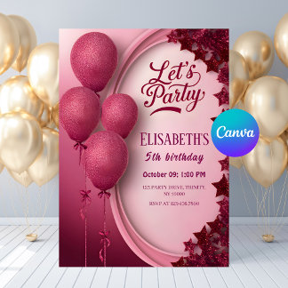 Glamourous Pink Glitter Balloons & Stars Birthday Invitation