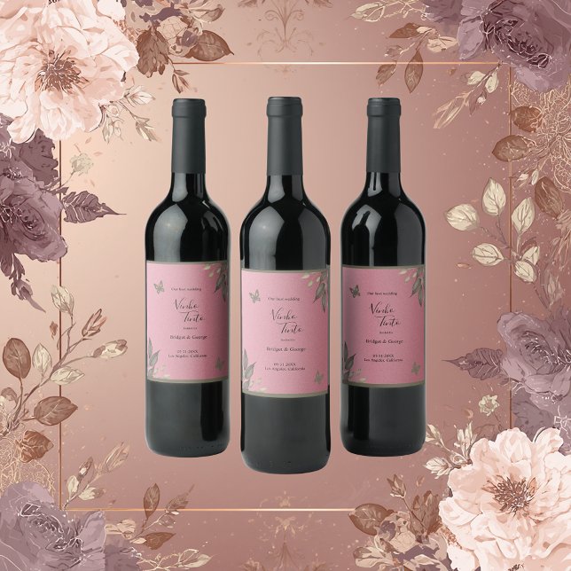glamourous pink glitter botanical foliage wedding  wine label (Creator Uploaded)