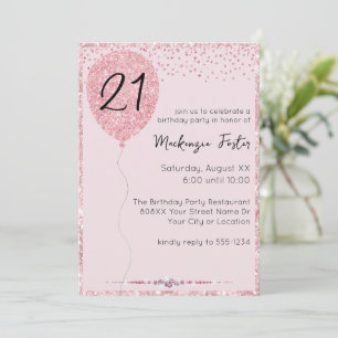 Glamourous Pink Glitter & Diamonds Birthday Balloo Invitation