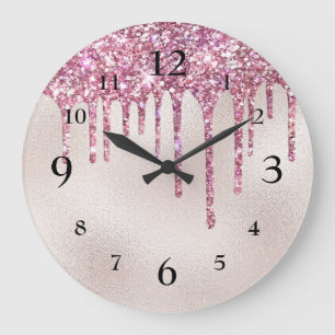Glamourous Pink Glitter Dripping on Champagne Pear Large Clock