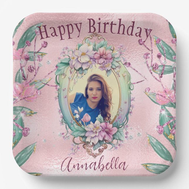 Glamourous Pink Glitter Fairy Tale Photo Mirror Paper Plate (Front)