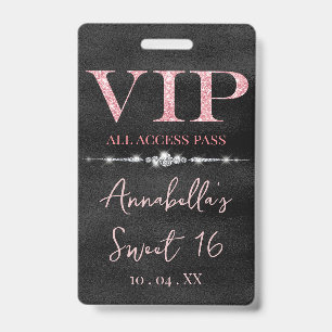 Glamourous Pink Glitter on Black VIP Badge
