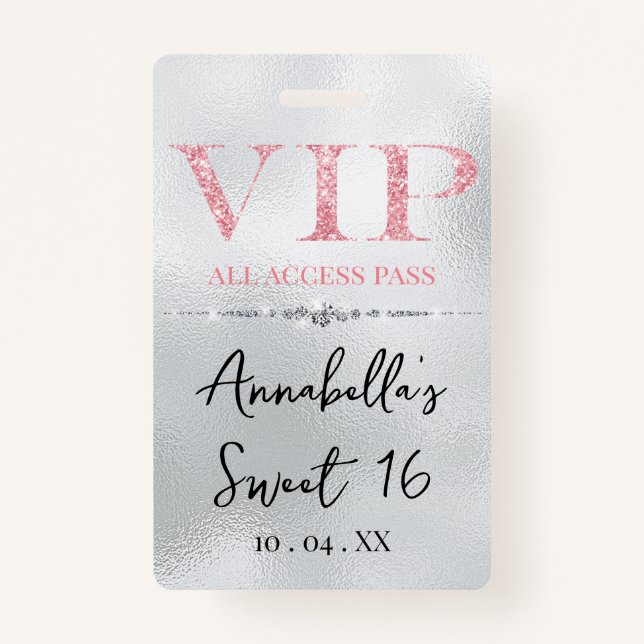 Glamourous Pink Glitter on Silver VIP Badge (Front)