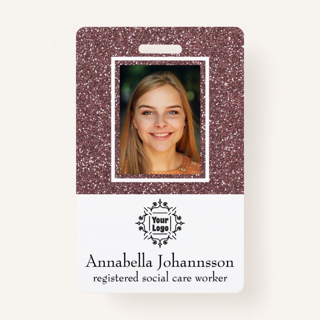 Glamourous Pink Glitter Photo Id & Name Badge (Front)