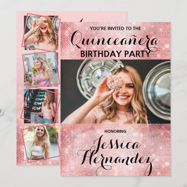 Glamourous Pink Glitter Sequins Photo Quinceañera Invitation (Front/Back)