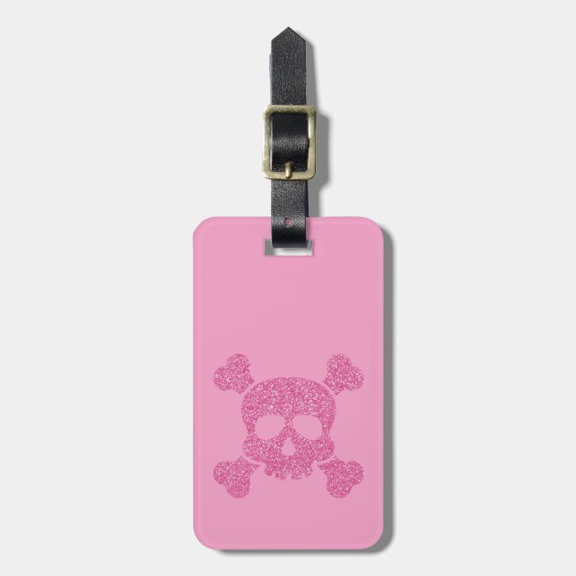 Glamourous Pink Glitter Skull and Crossbones Luggage Tag (Front Vertical)