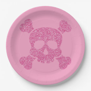 Glamourous Pink Glitter Skull and Crossbones Paper Plate