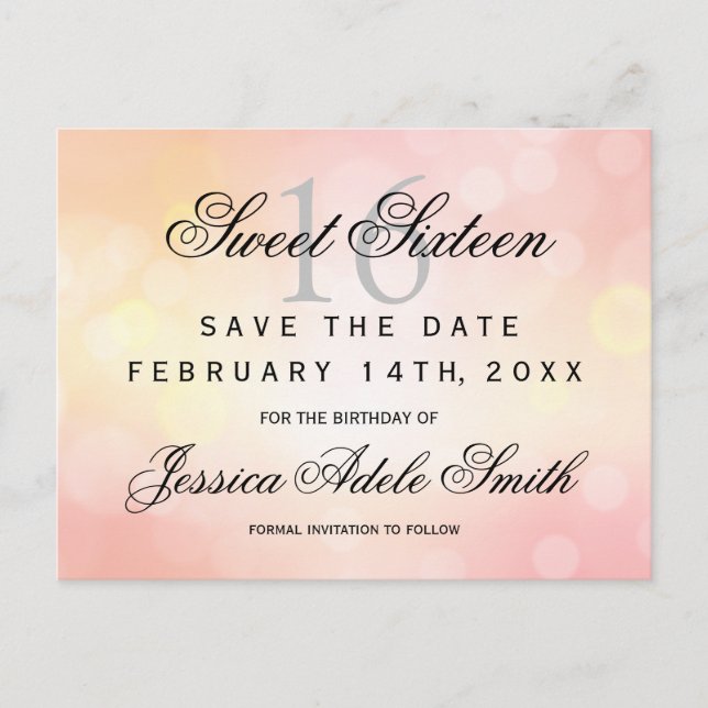 Glamourous Pink Glitter  Sweet 16 save the date Postcard (Front)