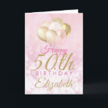 Glamourous Pink Gold Balloon 50th Birthday Card<br><div class="desc">A gorgeous 50th birthday (or any age) greetings card for someone who likes a little glam! Features blush pink and gold glitter balloons  on a soft pink background. Personalize with your own name and message.</div>