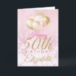 Glamourous Pink Gold Balloon 50th Birthday Card<br><div class="desc">A gorgeous 50th birthday (or any age) greetings card for someone who likes a little glam! Features blush pink and gold glitter balloons  on a soft pink background. Personalize with your own name and message.</div>
