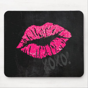 Glamourous Pink Kissy Lips with XOXO on Black Mouse Pad