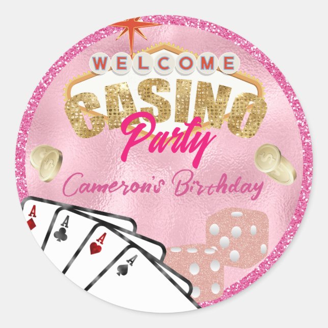Glamourous Pink Las Vegas Sign Casino Party Classic Round Sticker (Front)