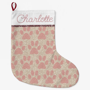 Glamourous Pink Paw Prints on White Gold Glitter Large Christmas Stocking