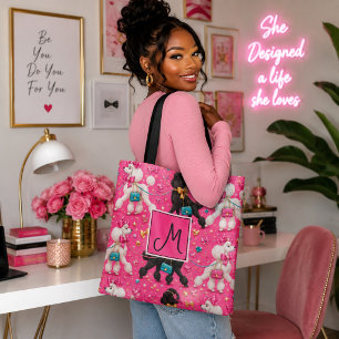 Glamourous Pink Poodle Parade Monogram Tote Bag