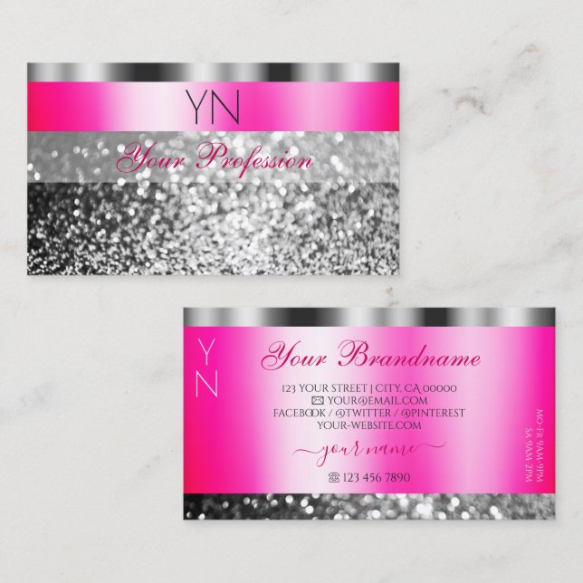 Glamourous Pink Silver Sparkling Glitter Monogram Business Card (Front/Back)
