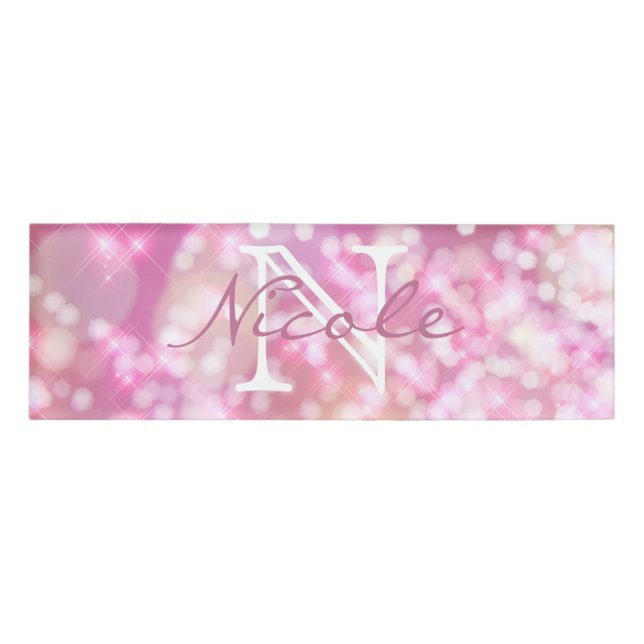 Glamourous Pink Sparkles Monogram Name Tag (Front)