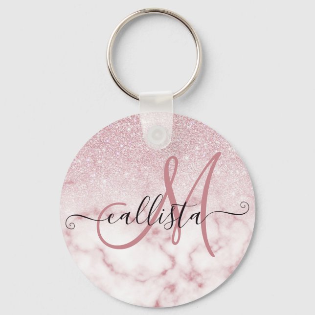 Glamourous Pink White Glitter Marble Gradient Ombr Keychain (Front)