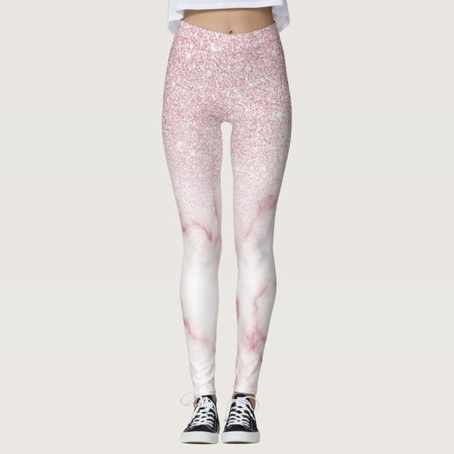 Glamourous Pink White Glitter Marble Gradient Ombr Leggings (Front)