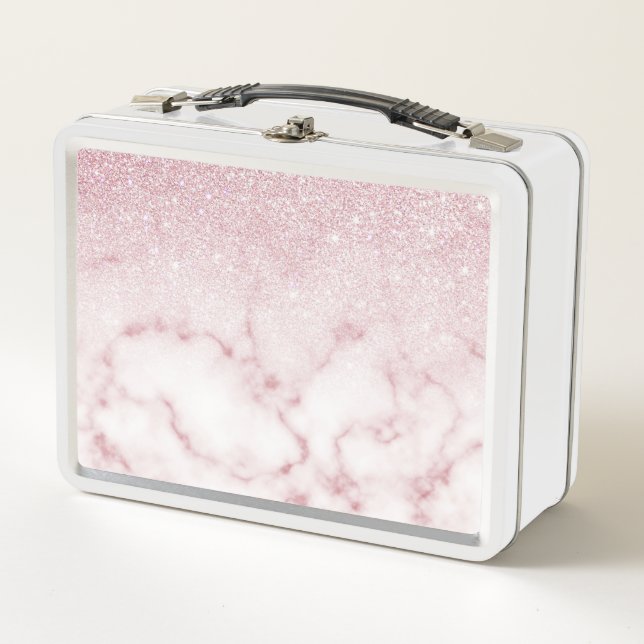 Glamourous Pink White Glitter Marble Gradient Ombr Metal Lunch Box (Front)