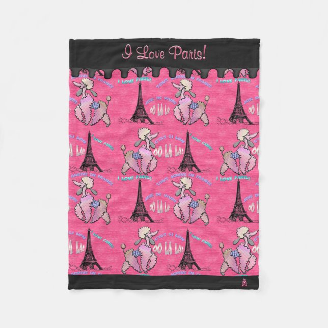 Glamourous Poodle in Paris on Pink (Personalized) Fleece Blanket (Front)