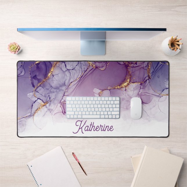 Glamourous Purple and Gold Swirls Personalized Desk Mat (Office 1)