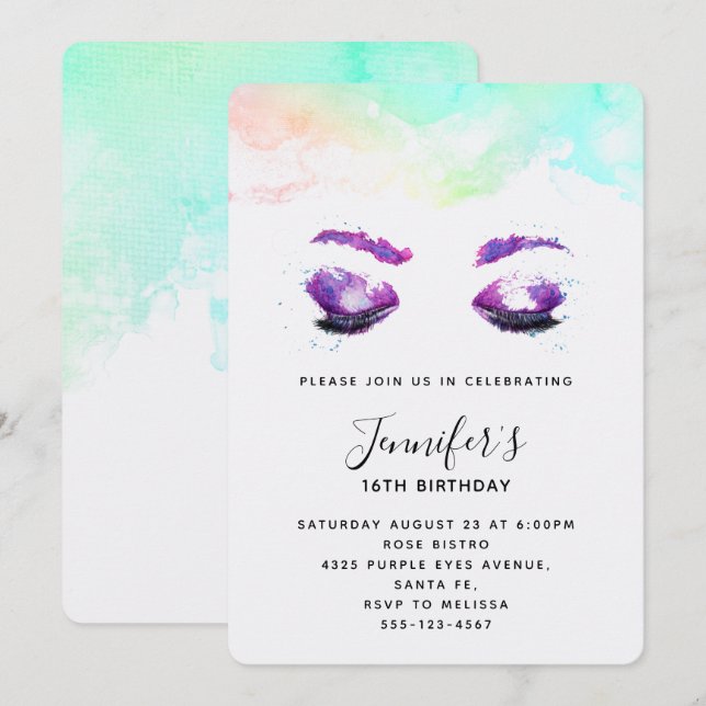 Glamourous Purple Eyes & Brows Watercolor Birthday Invitation (Front/Back)
